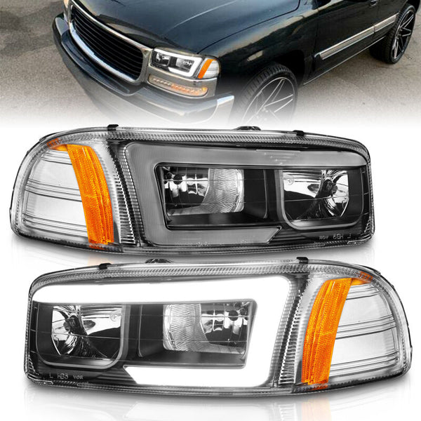 ANZO 99-17 GMC Sierra/Denali Headlights Black Amber (w/C Light Bars) - Bull Strap