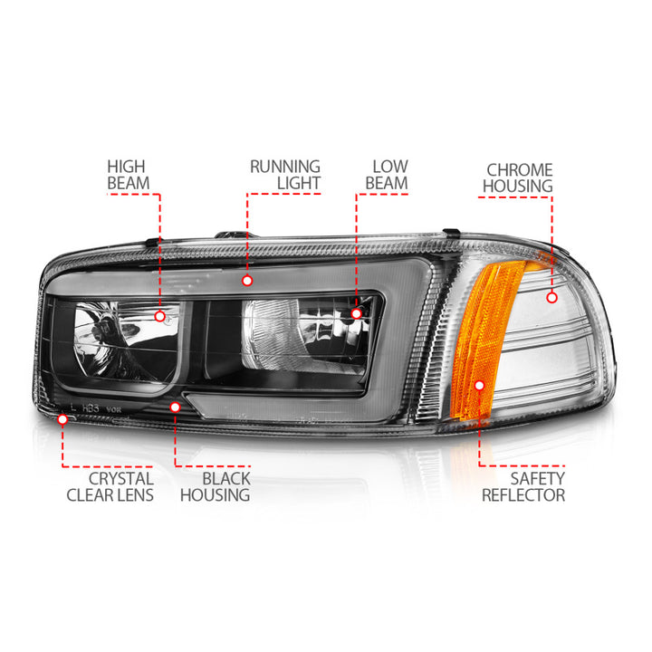 ANZO 99-17 GMC Sierra/Denali Headlights Black Amber (w/C Light Bars) - Bull Strap