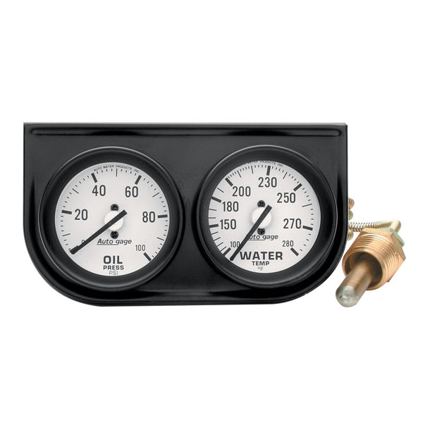 Autometer AutoGage Two-Gauge Console 2-1/16in Mech 0-100 PSI Oil Press/100-280 Deg Water Temp-Black - Bull Strap