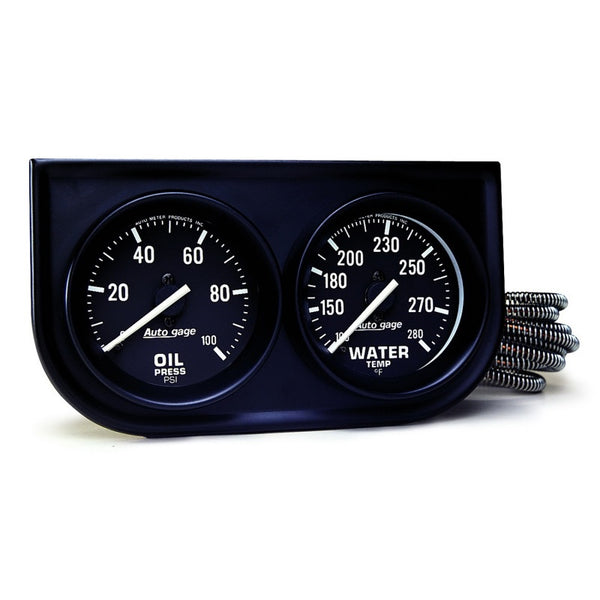 Autometer AutoGage Two-Gauge Console 52.4mm Mech 0-100 PSI Oil Press / 130-280 Deg Water Temp- Black - Bull Strap