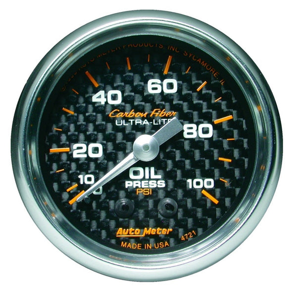 Autometer Carbon Fiber 52mm 100 PSI Mechanical Oil Pressure Gauge - Bull Strap