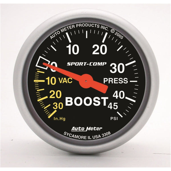 Autometer Sport-Comp 52mm 45 PSI Mechanical Boost Gauge - Bull Strap