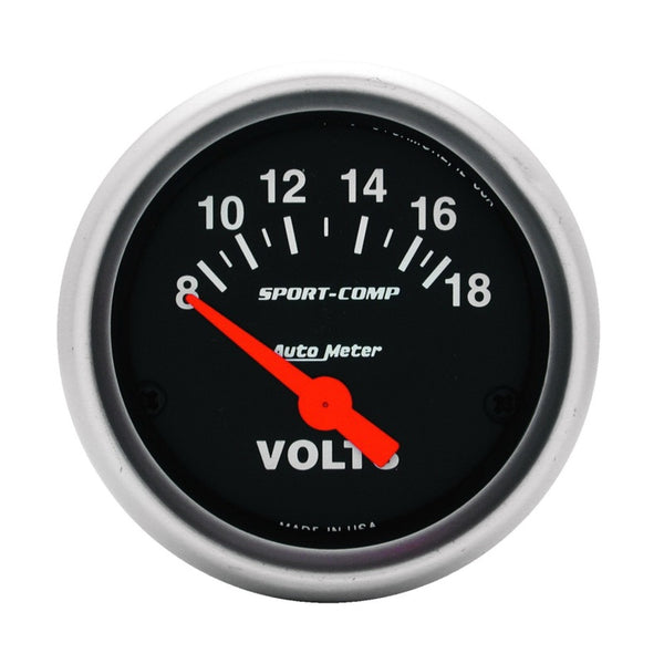 Autometer Sport-Comp 52mm 8-18 Volt Electronic Voltmeter Gauge - Bull Strap