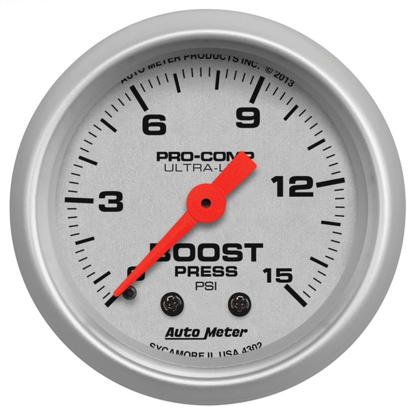 Autometer Ultra-Lite 52mm 0-15 PSI Mechanical Boost Gauge - Bull Strap