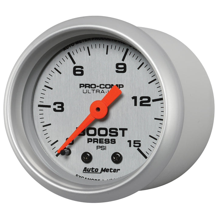 Autometer Ultra-Lite 52mm 0-15 PSI Mechanical Boost Gauge - Bull Strap