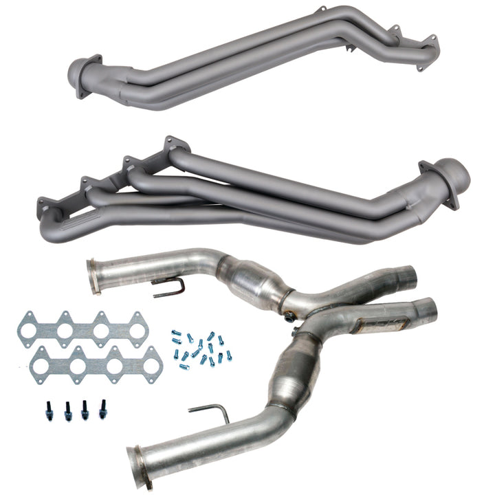 BBK 05-10 Ford Mustang GT 1 5/8 Long Tube Headers w/High Flow Catted X-Pipe (Ti Ceramic) - Bull Strap