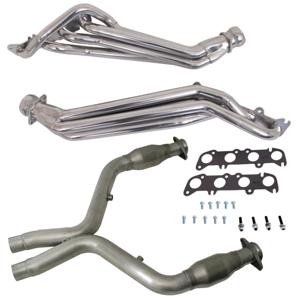 BBK 11-14 Ford Mustang GT 1-3/4 Long Tube Headers w/High Flow Catted Mid Pipe (Silver Ceramic) - Bull Strap