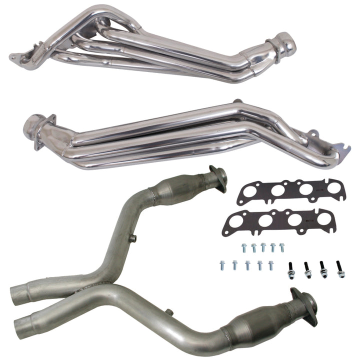 BBK 11-14 Ford Mustang GT 1-3/4 Long Tube Headers w/High Flow Catted Mid Pipe (Silver Ceramic) - Bull Strap