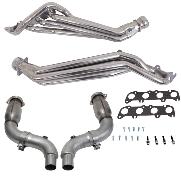 BBK 15-23 Ford Mustang GT 1-3/4 Long Tube Headers w/High Flow Catted Mid Pipe (Silver Ceramic) - Bull Strap