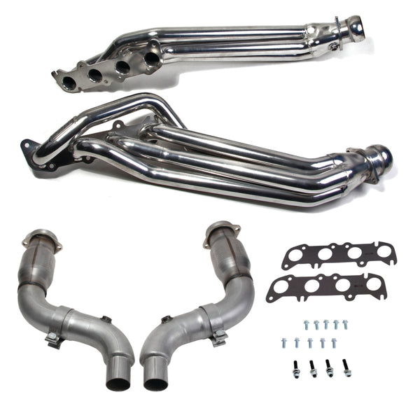 BBK 15-23 Ford Mustang GT 5.0 1-7/8in Headers w/High Flow Catted Mid Pipe (Silver Ceramic) - Bull Strap