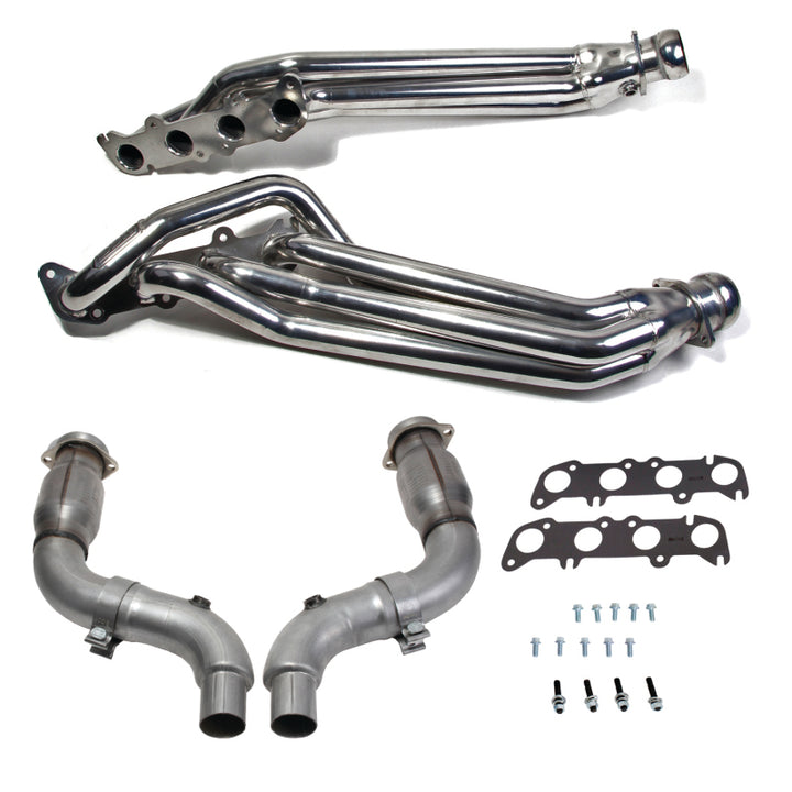 BBK 15-23 Ford Mustang GT 5.0 1-7/8in Headers w/High Flow Catted Mid Pipe (Silver Ceramic) - Bull Strap