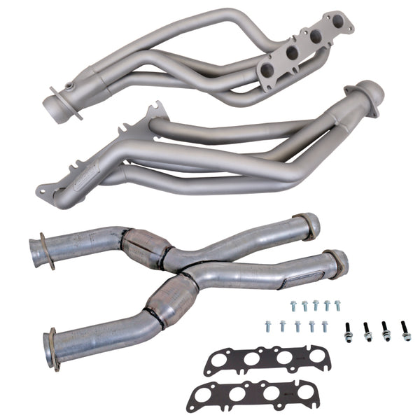 BBK 86-04 Ford Mustang Coyote Swap 1-3/4in Long Tube Headers w/High Flow Catted X-Pipe (Ti Ceramic) - Bull Strap