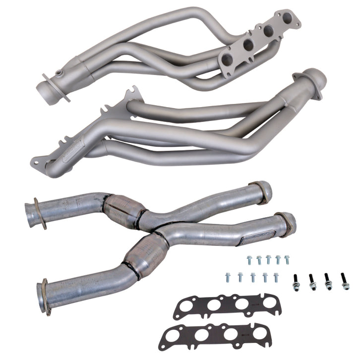 BBK 86-04 Ford Mustang Coyote Swap 1-3/4in Long Tube Headers w/High Flow Catted X-Pipe (Ti Ceramic) - Bull Strap