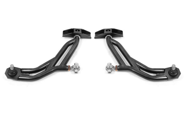 BMR 10-14 Ford Mustang Adj. Lower A-Arms Delrin/Rod End w/ 19mm STD. Ball Joint - Black Hammertone - Bull Strap