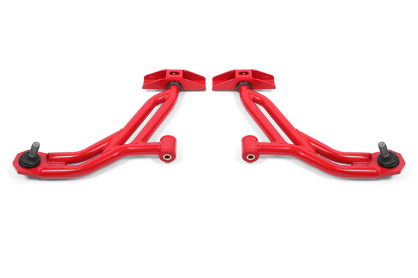 BMR 10-14 Ford Mustang / Shelby GT500 Non-Adj. Lower A-Arms (Poly/Delrin) - Red - Bull Strap