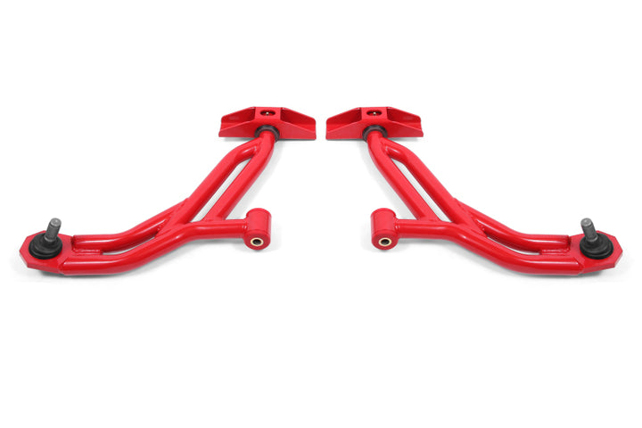 BMR 10-14 Ford Mustang / Shelby GT500 Non-Adj. Lower A-Arms (Poly/Delrin) - Red - Bull Strap