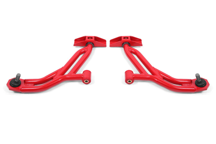 BMR 10-14 Ford Mustang / Shelby GT500 Non-Adj. Lower A-Arms (Poly/Delrin) - Red - Bull Strap