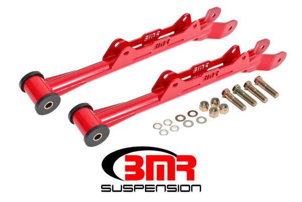 BMR 10-15 5th Gen Camaro Chrome Moly Non-Adj. Rear Lower Control Arms (Delrin) - Red - Bull Strap