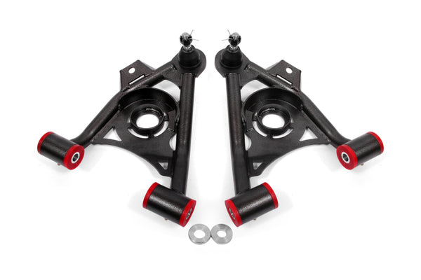 BMR 79-93 Fox Mustang Non-Adj Lower A-Arms Standard Ball Joint Spring Pocket - Black Hammertone - Bull Strap