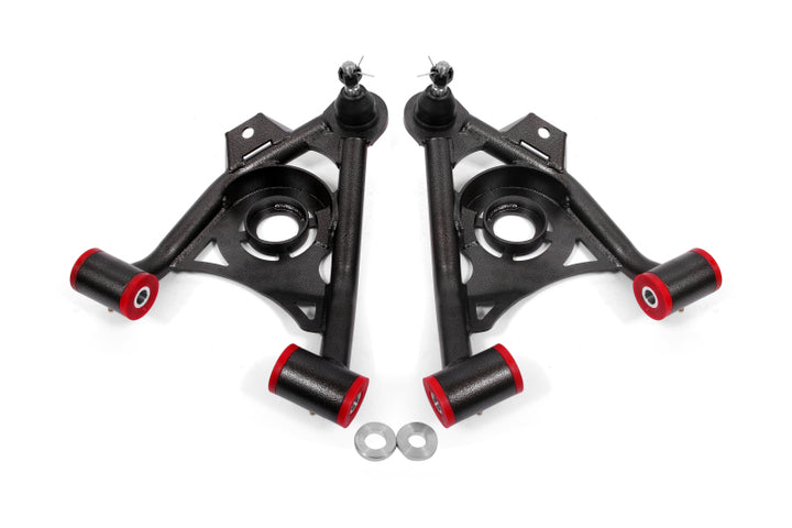 BMR 79-93 Fox Mustang Non-Adj Lower A-Arms Standard Ball Joint Spring Pocket - Black Hammertone - Bull Strap