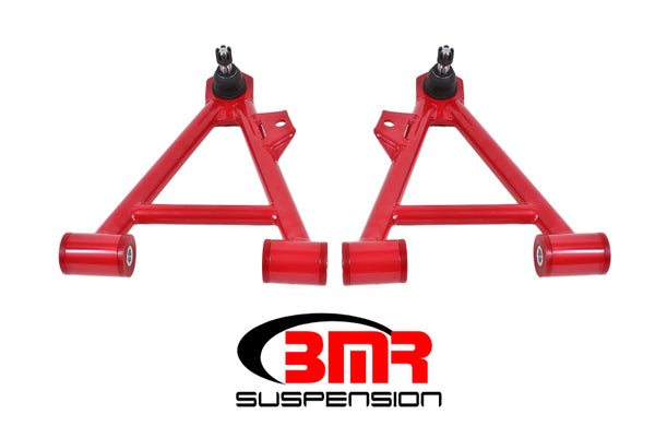 BMR 94-04 Mustang Lower Non-Adj. A-Arms (Coilover Only) w/ STD. Ball Joint (Poly) - Red - Bull Strap