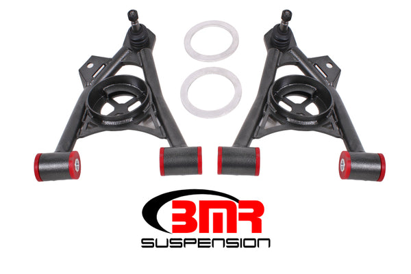 BMR 94-04 Mustang Lower Non-Adj. A-Arms (Poly) w/ Tall Ball Joint / Spring Pocket - Black Hammertone - Bull Strap