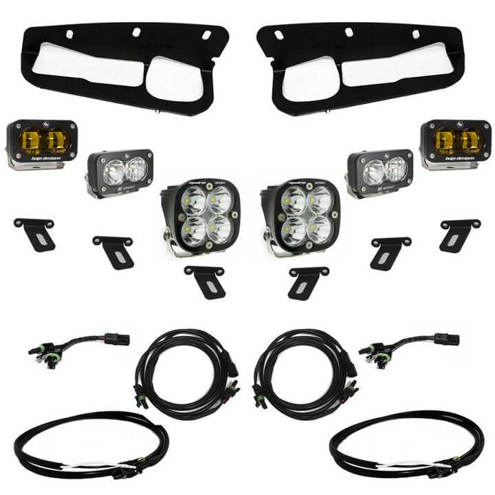 Baja Designs 21-22 Ford Bronco w/Steel Bumper S2 SAE Sportsmen Fog Pkt Light Kit w/Upfitter - Amber - Bull Strap