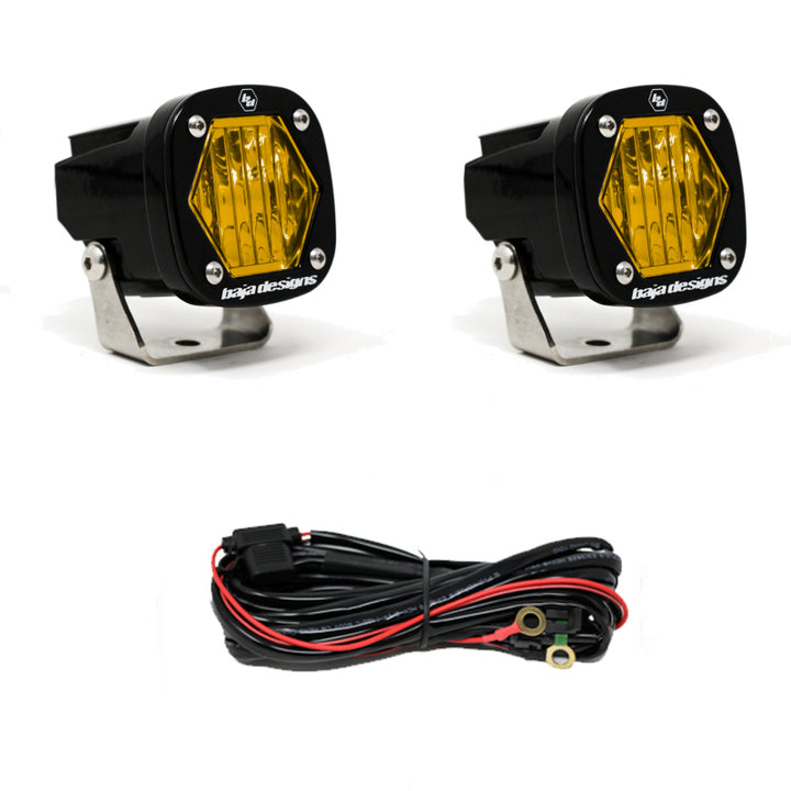 Baja Designs S1 Amber Wide Cornering LED Light w/ Mounting Bracket Pair - Bull Strap