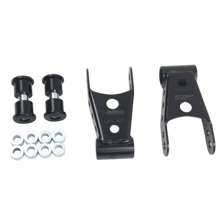 Belltech SHACKLE KIT 15-16 Ford F150 (All Cabs Short Bed Only) 4WD 1in / 2in Rear Drop - Bull Strap