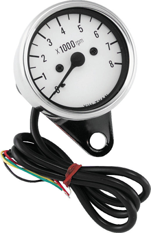 Bikers Choice 2.5 Inch Chrome Mini Tach Universal White Face 8000 RPM - Bull Strap