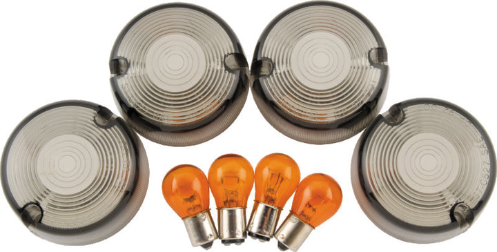 Bikers Choice 86-99 FXST 86-01 FXD FXR XL Smoked Turn Signal Lens & Amber Bulb Kit Repl H-D 69306-02 - Bull Strap