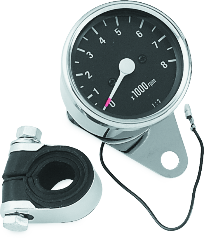 Bikers Choice Big Twin & XL Mechanical Custom Mini Tachometer Black Face 8000 Rpm 2 1/2 Inch - Bull Strap