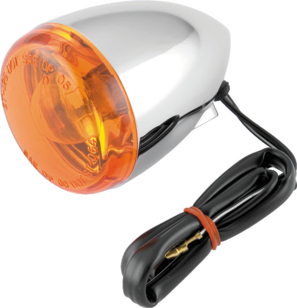 Bikers Choice Chrome Bullet Front Turn Signal Amber Lens Single Filament Replaces H-D 68885-00 - Bull Strap