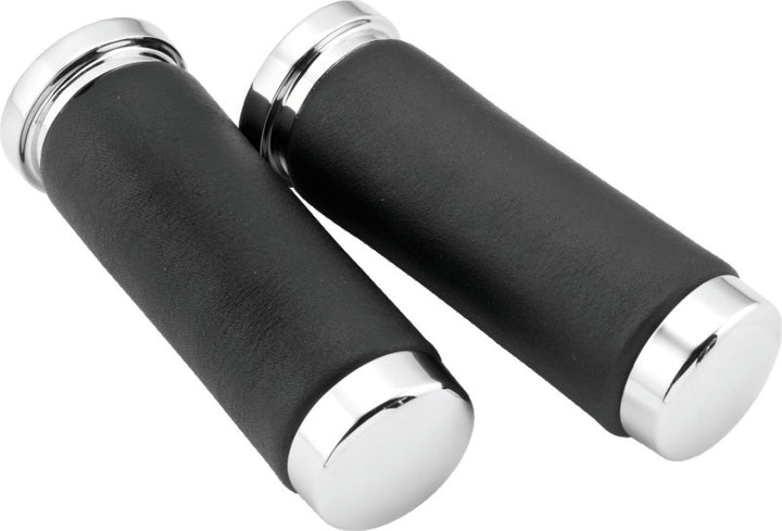 Bikers Choice Chrome & Leather 1 Inch Grips Universal Pr - Bull Strap