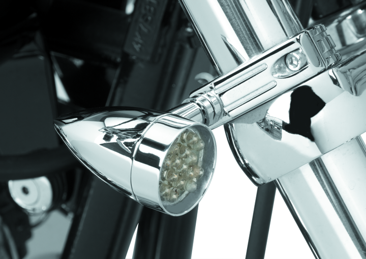 Bikers Choice Chrome Mini LED Turn Signals W/ 41 MM Clamp Universal Custom Pr - Bull Strap