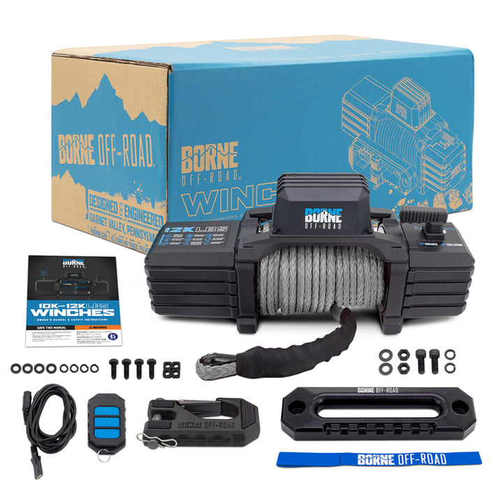 Borne Off-Road 12K Winch - Grey Synthetic Rope - Bull Strap