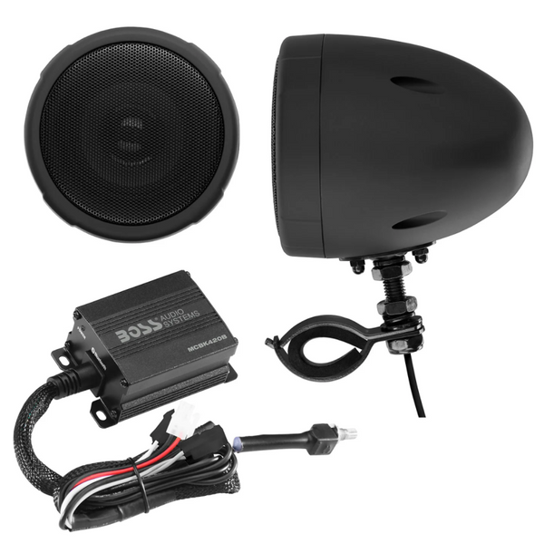 Boss Audio Systems Motorcycle Speaker Amplifier/ Bluetooth/ 3in Speakers Pair- Black - Bull Strap
