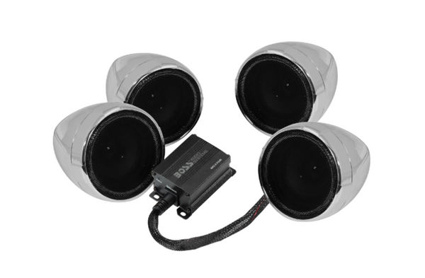 Boss Audio Systems Motorcycle Speaker Amplifier/ Bluetooth/ 3in Speakers Pair- Chrome - Bull Strap