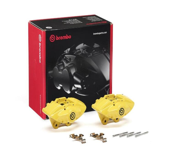 Brembo OE BMW 16-21 M2/17-18 M3/17-20 M4 Hydraulic Rear X-Style Brake Calipers - Yellow - Bull Strap