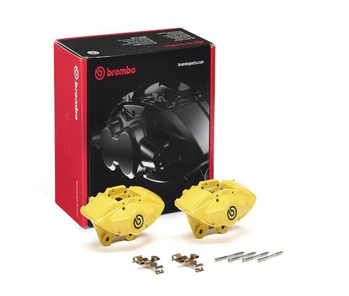 Brembo OE BMW 16-21 M2/17-18 M3/17-20 M4 Hydraulic Rear X-Style Brake Calipers - Yellow - Bull Strap