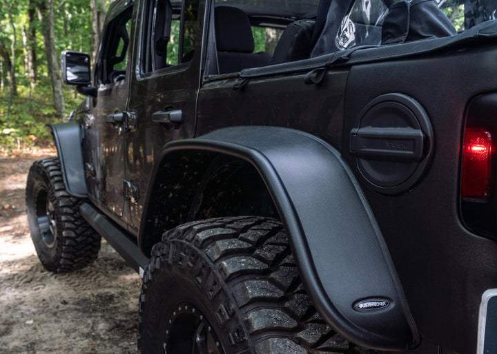 Bushwacker 2018+ Jeep Wrangler (JL) Unlimited Flat Style Flares 4pc - Black - Bull Strap
