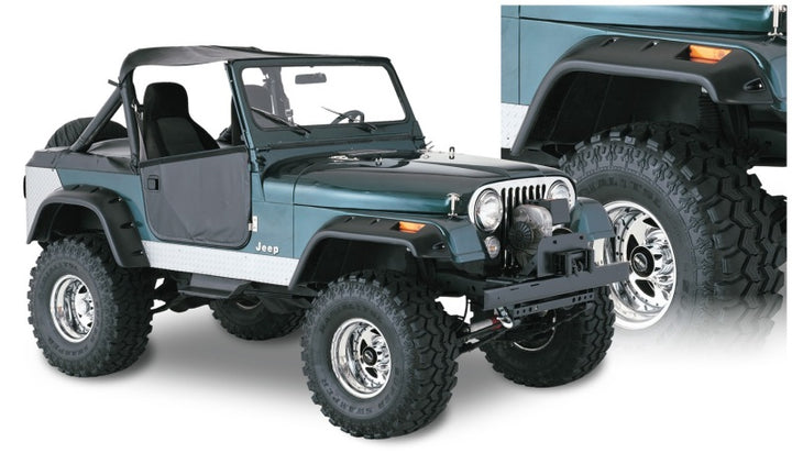 Bushwacker 59-83 Jeep CJ5 Cutout Style Flares 4pc - Black - Bull Strap