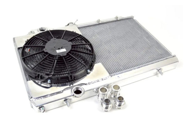 CSF 96-07 Mitsubishi Evo 4/5/6/7/8/9 Full-Slim Radiator w/12in Fan & Shroud/-16AN & Slip On Fitting - Bull Strap