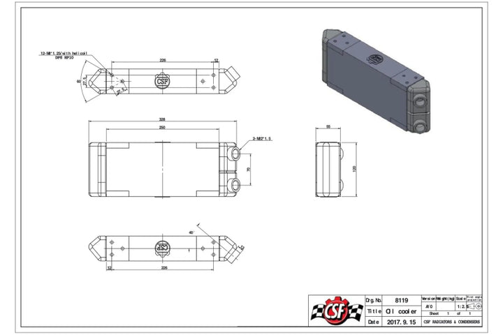 CSF Universal Dual-Pass Oil Cooler - M22 x 1.5 - 13in L x 4.75in H x 2.16in W - Bull Strap