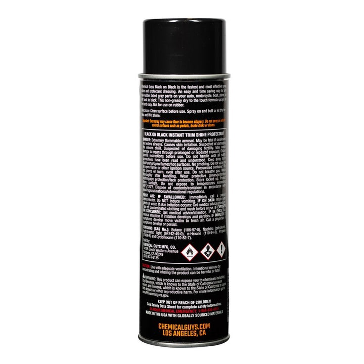 Chemical Guys Black on Black Instant Trim Shine Spray Dressing - 11oz (Aerosol) - Bull Strap