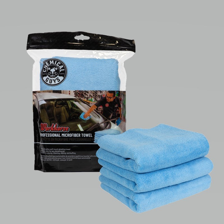 Chemical Guys Workhorse Professional Microfiber Towel - 16in x 16in - Blue - 3 Pack - Bull Strap