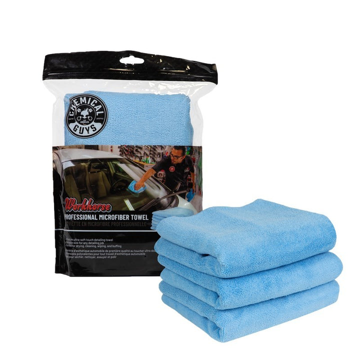 Chemical Guys Workhorse Professional Microfiber Towel - 16in x 16in - Blue - 3 Pack - Bull Strap