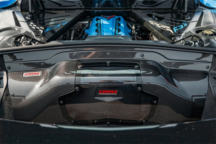 Corsa 2020+ Chevrolet Corvette C8/Z06 Carbon Fiber Air Intake Trunk Panel with Polycarbonate - Bull Strap