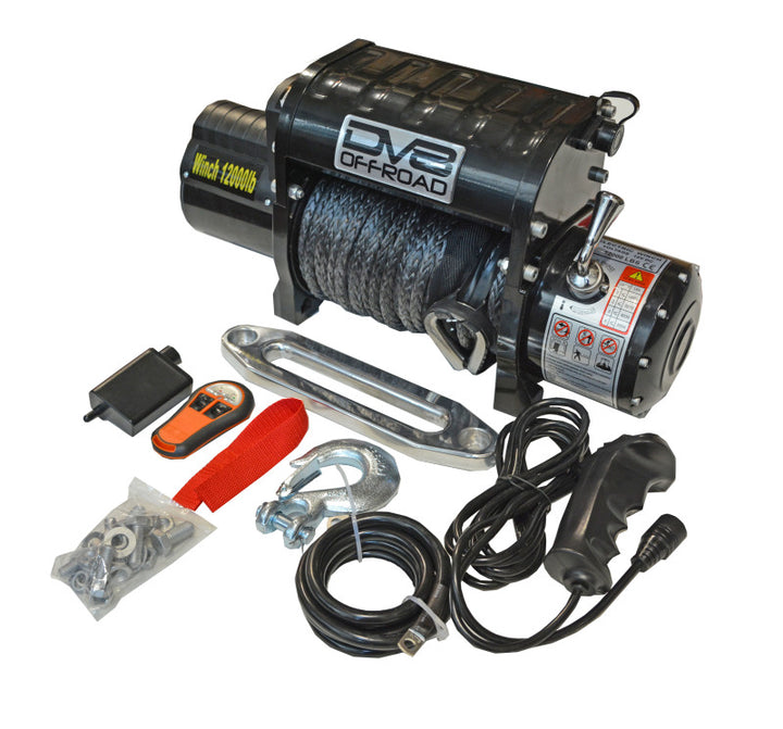 DV8 Offroad 12000 LB Winch w/ Synthetic Line & Wireless Remote - Black - Bull Strap