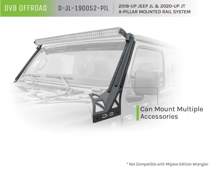 DV8 Offroad 2018+ JL/Gladiator Picatinny Rail A-Pillar Pod LED Light Mount - Bull Strap